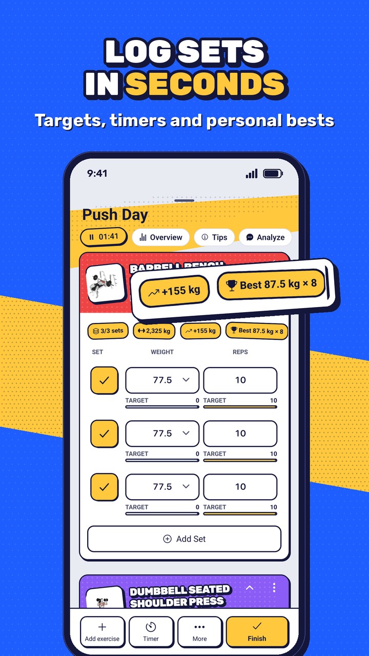 Log sets in seconds with targets, timers and personal bests
