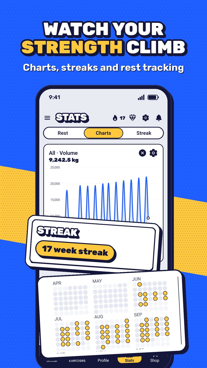Watch your strength climb with charts, streaks and rest tracking