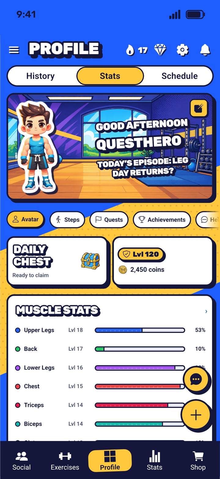 Workout Quest profile showing the hero, daily chest, level and muscle stats
